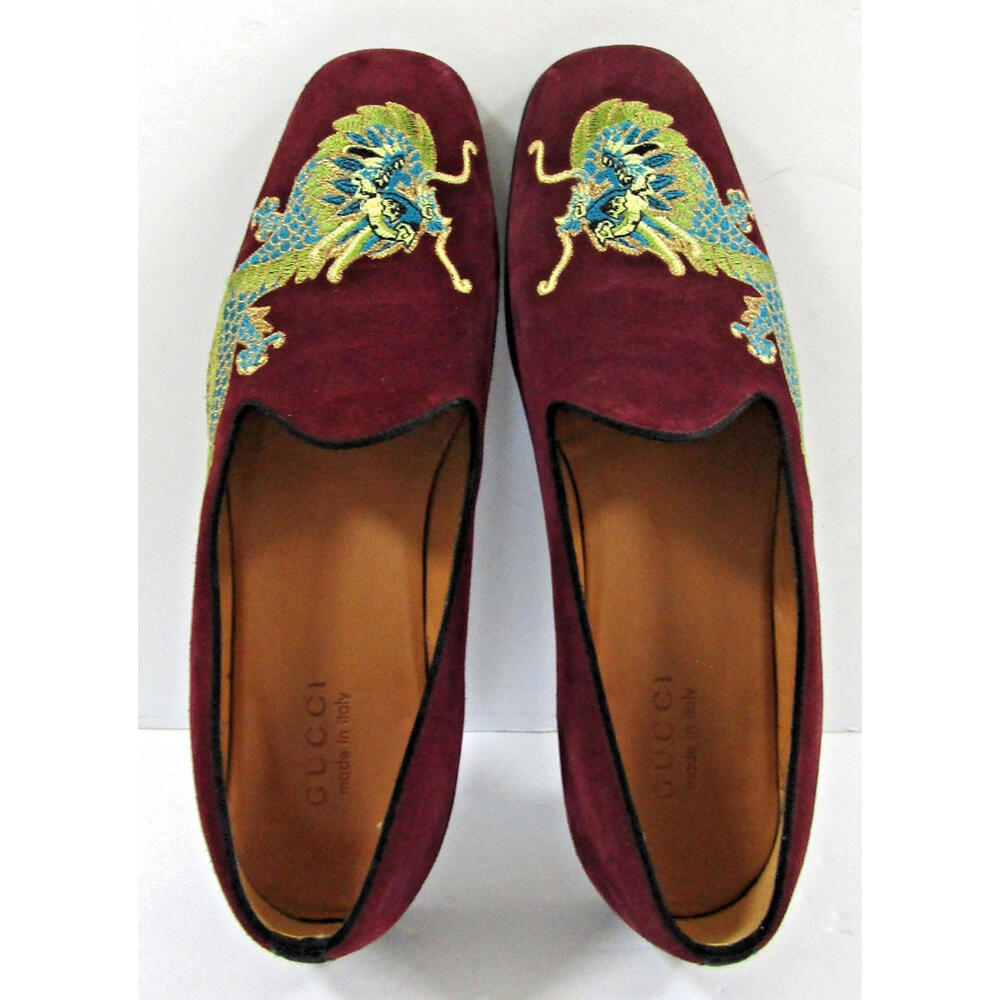 Gucci Dragon Embroidered Wine Colored Suede Loafers Shoes Size 9 - Picture 1 of 12